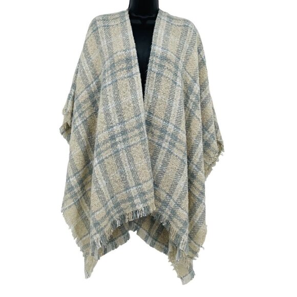 Women's‎ Raw Frayed Plaid Poncho One Size Knit Neutral Shawl Fall Cottagecore - Picture 1 of 6